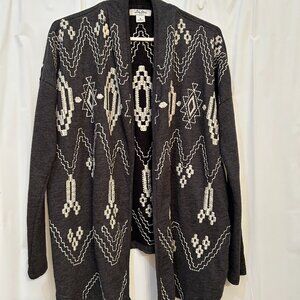 Lucky Bliss Aztec Sweater Jacket Open Front Gray Long Cardigan